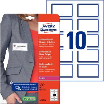 Namensetiketten, 80 x 50mm, blauer Rahmen, Acetatseide, Laser s/w, Farblaser, 1 Packung =  20 Blatt = 200 Stück