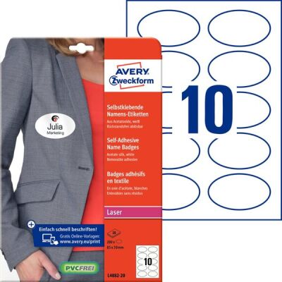 Namens-Etiketten, Laser s/w, Farblaser, oval, 85 x 50 mm, weiß, Acetatseide, ablösbar, 1 Pack = 20 Blatt = 200 Stück