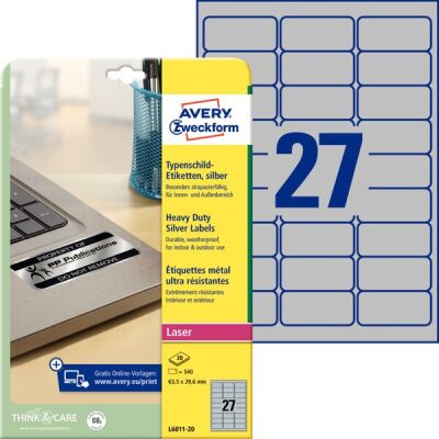 Typenschild Etiketten, silber, für Laser s/w, 63,5 x 29,6 mm, 1 Packung = 20 Blatt = 540 Etiketten