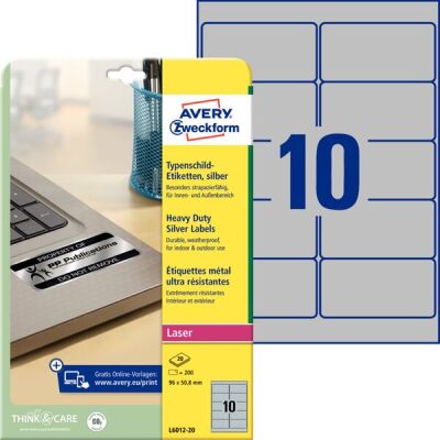 Typenschild Etiketten, silber, für Laser s/w, 96 x 50,8 mm, 1 Packung = 20 Blatt = 200 Etiketten