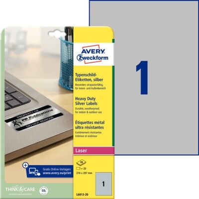 Typenschild Etiketten, silber, 210 x 297 mm, für Laser s/w, 1 Packung = 20 Blatt = 20 Etiketten