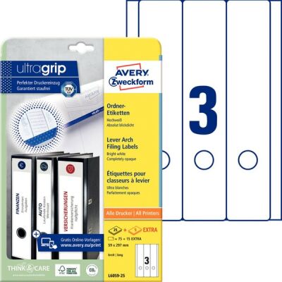 Ordner-Etiketten, Inkjet,Laser s/w + Farbe, permanent, lang/breit, weiß, 59 x 297 mm, 1 Pack= 25 + 5 Bl.= 75 + 15 Stück