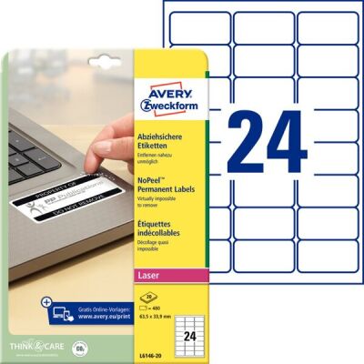 Sicherheits-Etikett, 63,5 x 33,9 mm, weiß, für extra sichere Anwendung, 1 Packung = 20 Blatt = 480 Etiketten