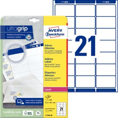 Etiketten, weiß, permanent, für Laser- und Farblaserdrucker, 63,5 x 38,1 mm, 40 Blatt = 840 Stück