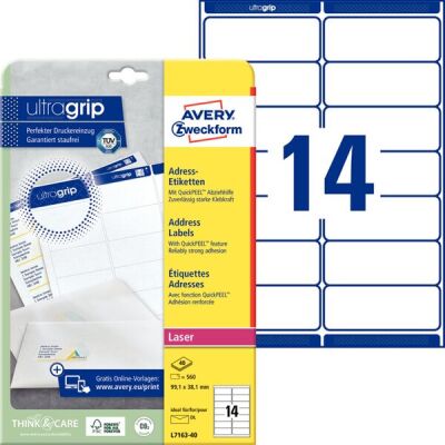 Adress-Etiketten, weiß, permanent, bedruckbar, 99,1 x 38,1 mm, 1 Packung = 40 Blatt = 560 Stück