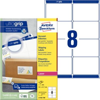 Versandetiketten, 99,1 x 67,7 mm, weiß, Laser s/w, Farblaserpermanent, 1 Packung = 100 Blatt = 800 Etiketten