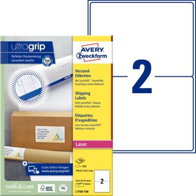 Versandetiketten, permanent, weiß, Laser s/w, Farblaser, 199,6 x 143,5 mm, 1 Packung = 100 Blatt= 200 Stück