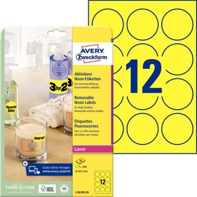 NeonEtiketten, ablösbar, Ø 63,5 mm, neongelb,  Laser s/w, Farblaser, 25 Blatt = 300 Etiketten
