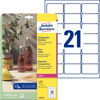 Transparente Etiketten, 63,5 x 38,1mm, Polyester, Laser s/w, Farblaser, wetterfest, 1 Packung = 25 Blatt = 525 Etiketten