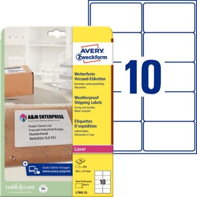 Wetterfeste Versandetiketten, 99,1 x 57 mm, weiß, Polyester, Laser s/w, Farblaser, 1 Packung = 25 Bogen = 250 Etiketten