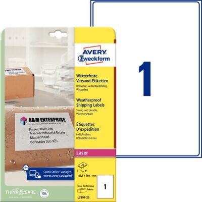 Wetterfeste Versandetiketten, 199,6 x 289,1 mm, weiß, aus Polyester  1 Packung = 25 Blatt = 25 Stück