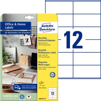 Universal-Etiketten Recycling,  Laser s/w, Farblaser, permanent, 105 x 48 mm, naturweiß, 1 Pack = 10 Blatt = 120 Stück