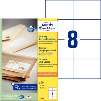 Universal-Etiketten, 105 x 74 mm, matt, rechteckig, 1 Packung = 1 Blatt = 800 Etiketten