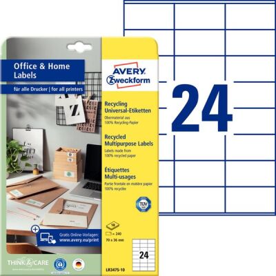 Universal-Etiketten Recycling,  Laser s/w, Farblaser, permanent, 70 x 36 mm, naturweiß, 1 Packung = 10 Blatt = 240 Stück