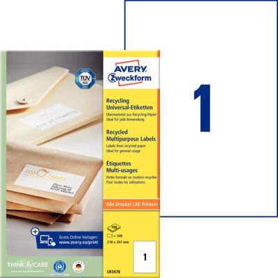 Universal-Etiketten, Recycling,  Laser s/w, Farblaser, permanent, 210 x 297 mm, naturweiß, 1 Pack = 100 Bl. = 100 Stück