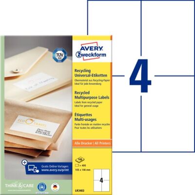 Universal-Etikett, Recycling, Inkjet/Laser/Kopierer, permanent, 105 x 148 mm, weiß, 1 Pack = 100 Bl. = 400 Stück