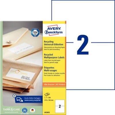 Universal-Etikett, Recycling, Inkjet/Laser/Kopierer, permanent, 210 x 148 mm, naturweiß, 1 Pack = 100 Blatt = 200 Stück