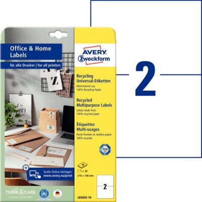 Universal-Etiketten Recycling, permanent, 210 x 148 mm, naturweiß, für Inkjet/Laser/Kopierer, 1 Pack = 10 Bl. = 20 Stück