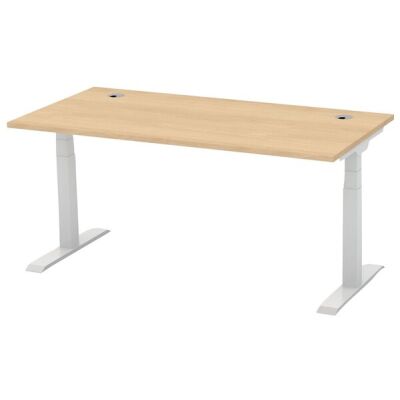 Schreibtisch FLEX MODUL, Dekor Buche, 1600 mm, höhenverstellbar, T-Fußgestell Alusilber, 25 mm Platte, 2 Kabeldurchlässe, 80 kg belastbar. Maße: 1600 x 800 x 600-1255 mm (BxTxH)