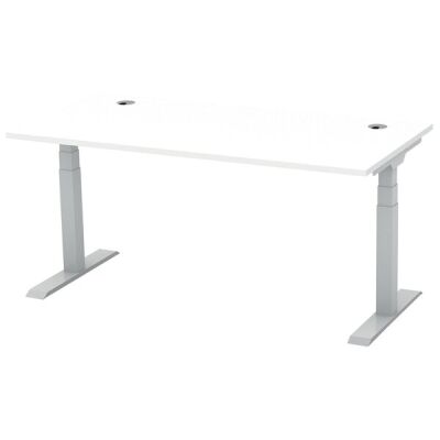 Schreibtisch FLEX MODUL, Dekor weiß, 1600 mm, höhenverstellbar, T-Fußgestell Alusilber, 25 mm Platte, 2 Kabeldurchlässe, 80 kg belastbar. Maße: 1600 x 800 x 600-1255 mm (BxTxH)