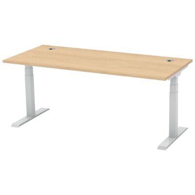 Schreibtisch FLEX MODUL, Dekor Buche, 1800 mm, höhenverstellbar, T-Fußgestell Alusilber, 25 mm Platte, 2 Kabeldurchlässe, 80 kg belastbar. Maße: 1600 x 800 x 600-1255 mm (BxTxH)