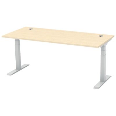 Schreibtisch FLEX MODUL, Dekor Ahorn, 1800 mm, höhenverstellbar, T-Fußgestell Alusilber, 25 mm Platte, 2 Kabeldurchlässe, 80 kg belastbar. Maße: 1600 x 800 x 600-1255 mm (BxTxH)