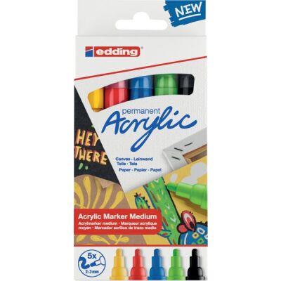 Acrylmarker 5100, 5er Set, 2 - 3 mm, Rundspitze, permanent, Farben: schwarz, verkehrsrot, enzianblau, verkehrsgelb, gelbgrün