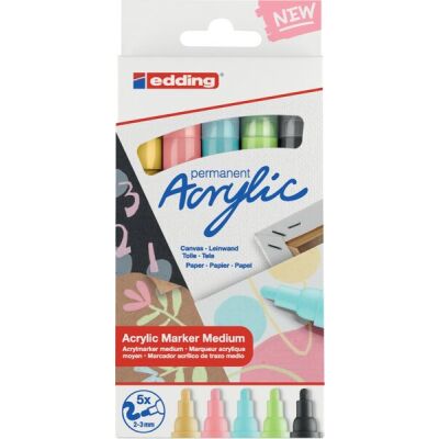 Acrylmarker 5100, 5er Set, 2 - 3 mm, Rundspitze, permanent, Farben: pastellgelb, pastellblau, pastell- grün, edel mauve, anthrazit