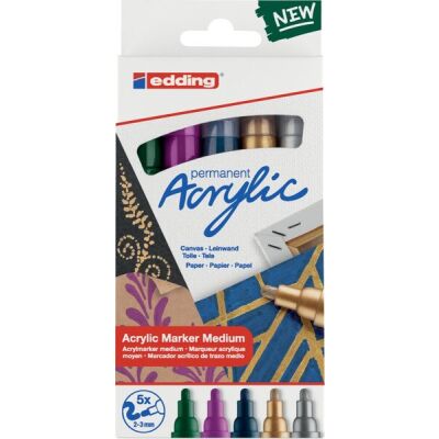 Acrylmarker 5100, 5er Set, 2 - 3 mm, Rundspitze, permanent, Farben: moosgrün, beere, elegant nachtblau, reichgold, silber