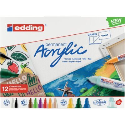 Acrylmarker Kreativ-Set, 12er, 2 x e5300, 6 x e5100, 3 x e5000, 1 x e5400, permanent, Farben: schwarz, verkehrsweiß, gelbgrün, sonnengelb, verkehrsrot, beere, warmbeige, haselnuss, moosgrün, enzianblau, verkehrsgelb, pastellblau