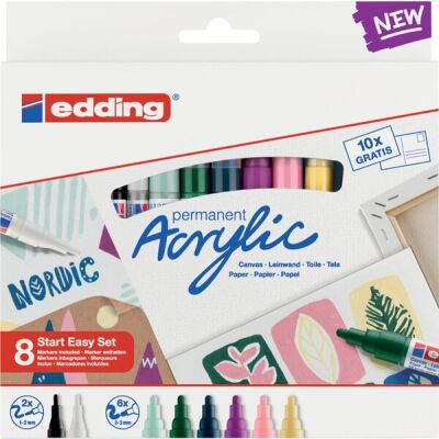 Acrylmarker Starter-Set, 8er, 2 x e5300 + 6 x e5100, permanent, Farben: schwarz, verkehrsweiß, mild mint, elegant nachtblau, edel mauve, pastellgelb, beere, moosgrün