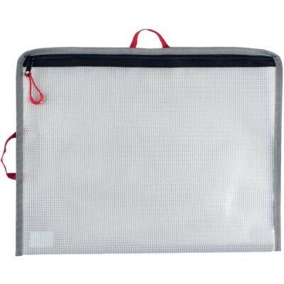 Bungee-Bag, A4, PVC-frei, transpatent/grau/rot, 2 rote Halteschlaufen zum Aufhängen