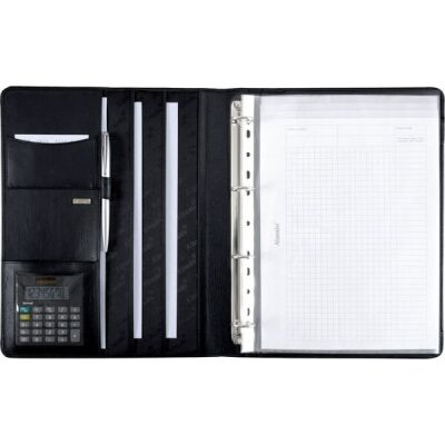 Ringbuchmappe Cremona II, DIN A4, Nappaleder, schwarz, Taschenrechner