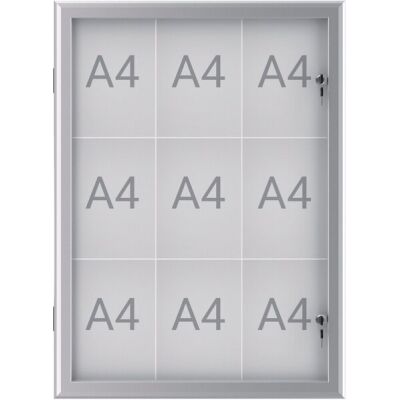 Schaukasten MAULexcite für Außen, alu, für 9x A4, Flügeltür aus ESG-Sicherheitsglas, umlaufende Dichtung und integriertes Schloss,  Außenmaße: 100 x 73,9 x 2,8 cm