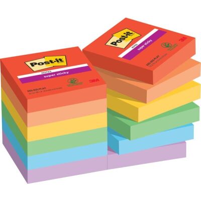 Haftnotiz Super Sticky Note, 47,6 x 47,6 mm, 12 x 90 Blatt, Playful Collection: paradiseblau, ultrarot, ultragelb, vitalorange, limonengrün, flieder