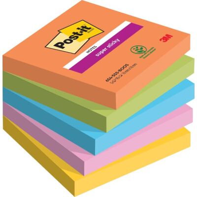 Haftnotiz Super Sticky Note, 76 x 76 mm, 5 x 90 Blatt, 5 Block, Boost Collection: vitalorange, limonengrün, paradiseblau, tropicalpink, ultragelb