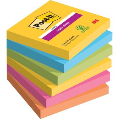 Haftnotiz Super Sticky Note, 76 x 76 mm, 6 x 90 Blatt, Carnival Collection: ultragelb, limonengrün, powerpink, paradiseblau, vitalorange