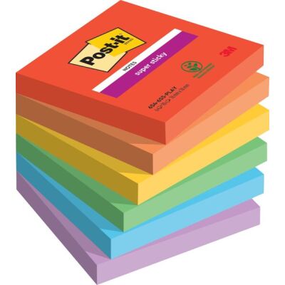 Haftnotiz Super Sticky Note, 76 x 76 mm, 6 x 90 Blatt, Playful Collection: paradiseblau, ultrarot, ultragelb, vitalorange, limonengrün, flieder