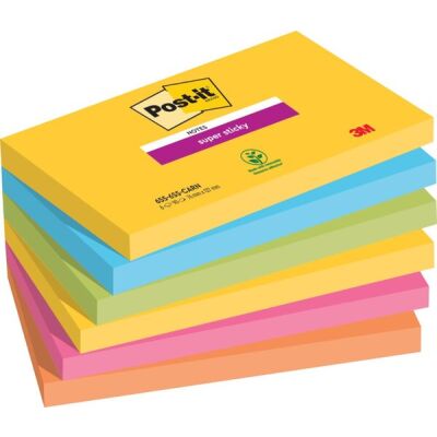 Haftnotiz Super Sticky Note, 127 x 76 mm, 6 x 90 Blatt, Carnival Collection: ultragelb, limonengrün, powerpink, paradiseblau, vitalorange