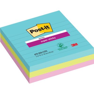 Haftnotiz Super Sticky Note, 101 x 101 mm, liniert, 3 x 90 Blatt, 3 Block, Cosmic Collection: türkis, neongrün, tropicalpink