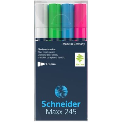 Glasboardmarker Maxx 245, 2-3 mm Rundspitze, 4er Etui, stark deckend, lichtbeständig, trocken abwischbar.