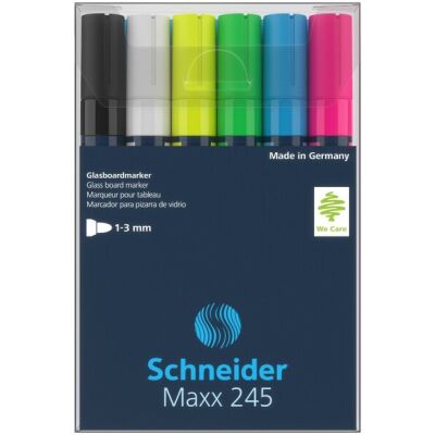 Glasboardmarker Maxx 245, 2-3 mm Rundspitze, 6er Etui, stark deckend, lichtbeständig, trocken abwischbar.