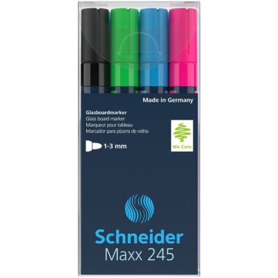 Glasboardmarker Maxx 245, 2-3 mm Rundspitze, 4er Etui, stark deckend, lichtbeständig, trocken abwischbar.