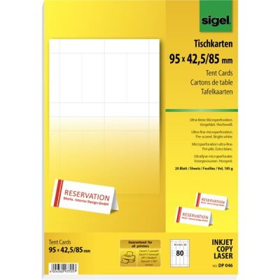 Tischkarten, weiß, zum Selbergestalten, 95 x 42/85 mm, Microperforation, 185 g/qm, 20 Blatt, für Ink/Laser/Copy