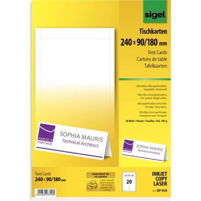 Tischkarten, weiß, zum Selbergestalten, 240 x 90/180 mm, Microperforation, 185 g/qm, 20 Blatt, für Ink/Laser/Copy