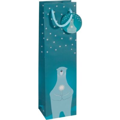 Geschenktasche Bottle "Polar bear", Mattlack, Geschenkeanhänger, Tragekordel, Papier, 157 g 100 x 350 x 80 mm, 1 VE = 1 Packung = 1 Stück