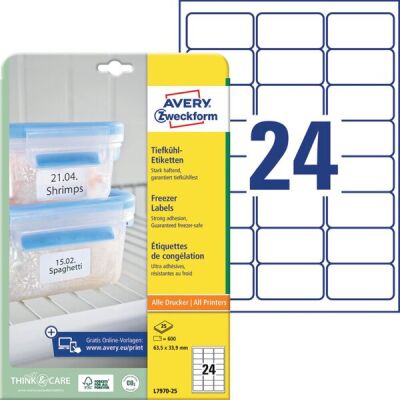 Tiefkühletiketten, weiß, bedruckbar, 63,5 x 33,9 mm, 25 Bogen, 600 Etiketten, permanent