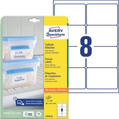 Tiefkühletiketten, weiß, bedruckbar, 99,1 x 67,7  mm, 25 Bogen, 200 Etiketten, permanent