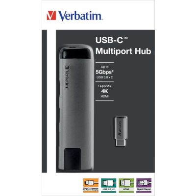 Multiport USB 3.1-C Hub, 2x USB Typ-A, USB Typ-C, HDMI, RJ45 (Gigabit), Power Charge, USB-C Kabel, 15cm, silber