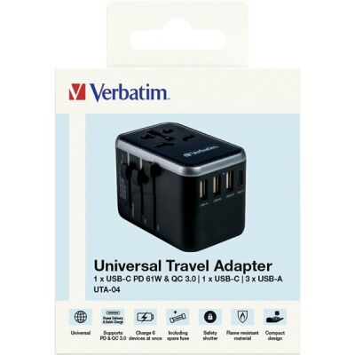Universal Travel Adapter UTA-04, 3x USB Typ-A, 2x USB Typ-C, PD/QC, 100-250V, schwarz